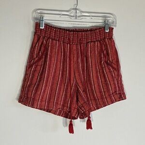 Briggs Size Small Shorts w Pockets Striped Boho Tassel Tie Red Linen Rayon Used